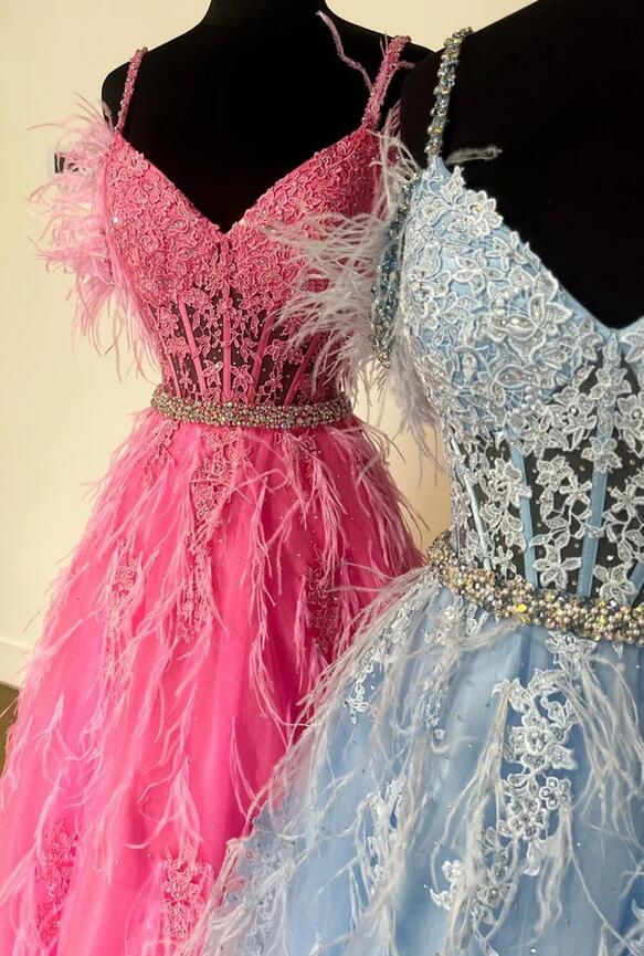 Straps Tulle/Lace Long Prom Dress with Feather and Sheer Corset Bodice