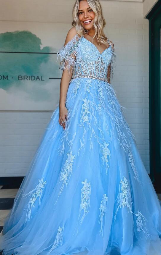Straps Tulle/Lace Long Prom Dress with Feather and Sheer Corset Bodice