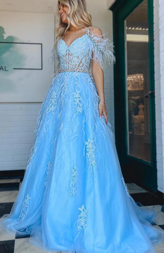 Straps Tulle/Lace Long Prom Dress with Feather and Sheer Corset Bodice