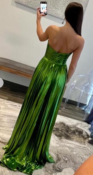 Strapless Metallic Pleated Long Prom Dress with Slit