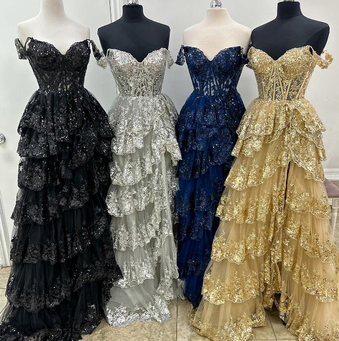 Tulle/Lace Sequins Long Prom Dress with Sheer Corset Bodice and Ruffle Skirt