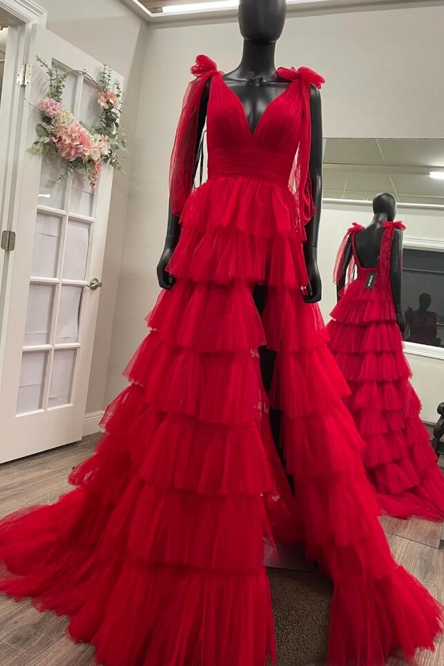 Red V-neck Tulle Long Prom Dress with Ruffle Skirt