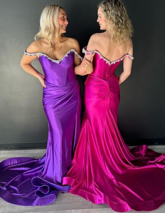 Off the Shoulder Fitted Long Prom Dress with Beaded Neck
