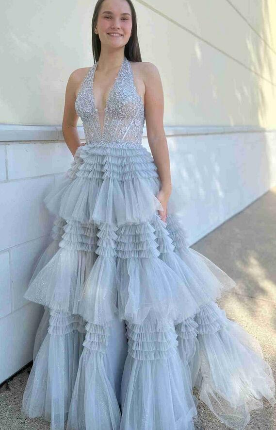 Halter Neck Ball Gown Prom Dress with Lace Corset Bodice and Ruffle Skirt