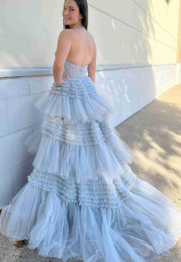 Halter Neck Ball Gown Prom Dress with Lace Corset Bodice and Ruffle Skirt