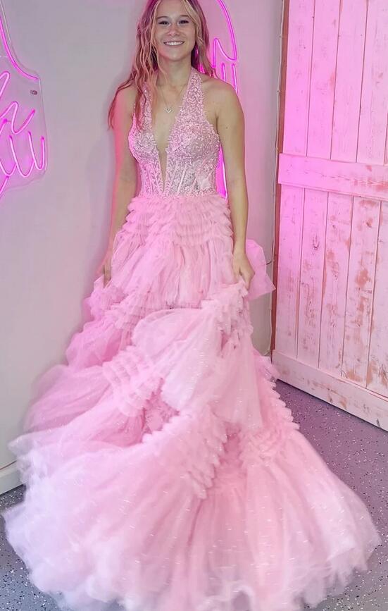 Halter Neck Ball Gown Prom Dress with Lace Corset Bodice and Ruffle Skirt