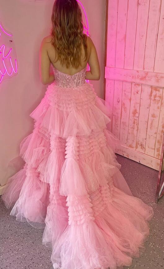 Halter Neck Ball Gown Prom Dress with Lace Corset Bodice and Ruffle Skirt