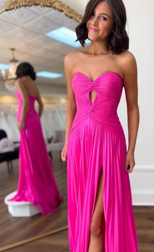 Strapless Pleated Long Prom Dress with Keyhole
