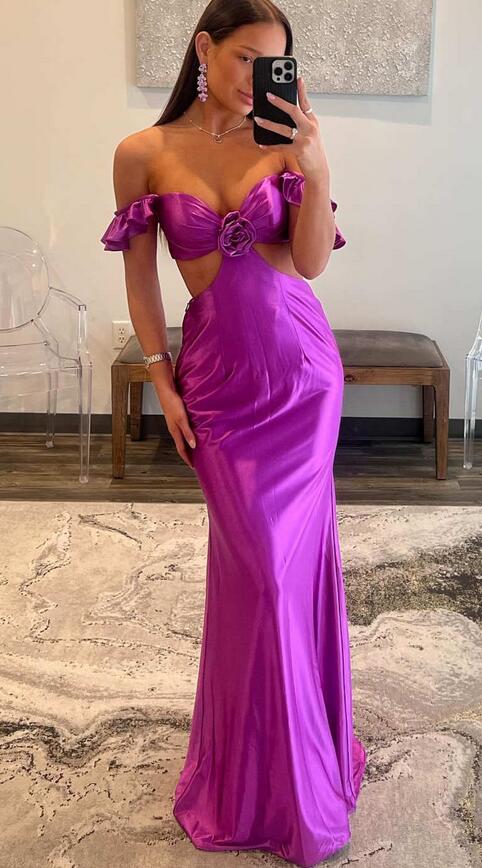 Ruffle Straps Fuchsia Rosette Side Cutouts Prom Dress DressesTailor Ruffle Straps Fuchsia Rosette Side Cutouts Prom Dress DressesTailor