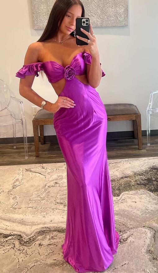 Ruffle Straps Fuchsia Rosette Side Cutouts Prom Dress