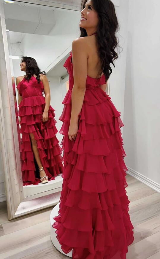 Halter Ruffle Tiered Prom Dress with Slit