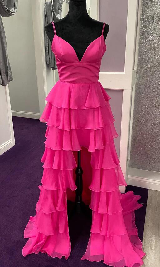 Straps Ruffle Chiffon A-Line Long Prom Dress with Skirt Slit