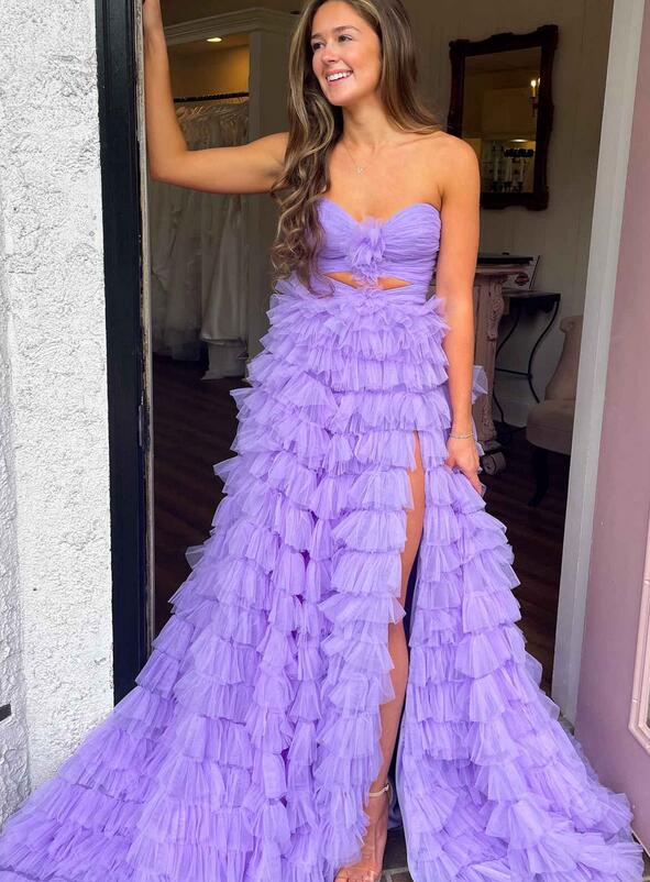 Strapless Tulle Long Prom Dress with Keyhole and Ruffle Skirt