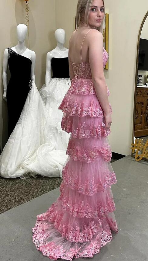 Straps Tulle/Lace Long Prom Dress with Ruffle Skirt