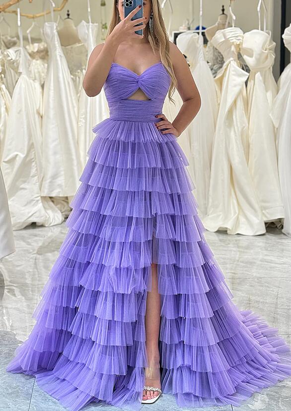 Spaghetti Straps Tiered Long Tulle Prom Dress with Ruffle Skirt