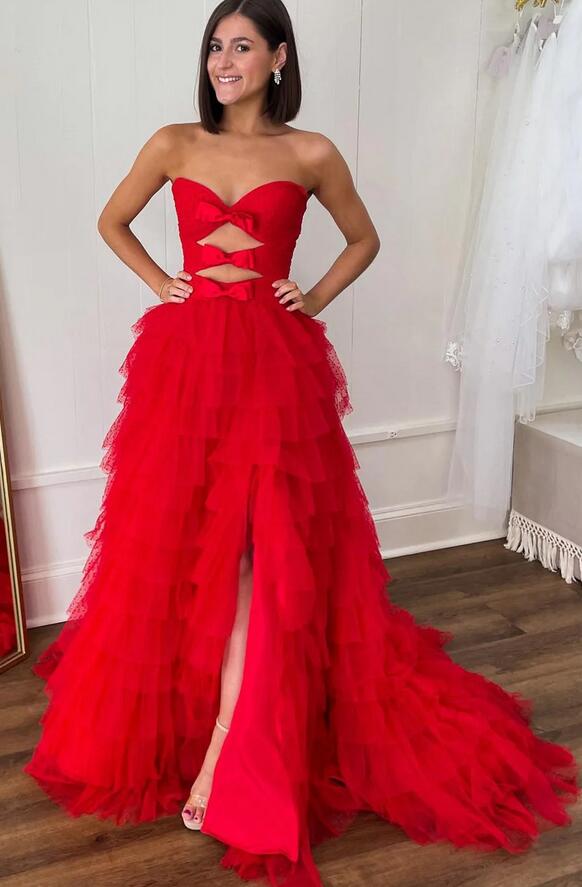 Strapless Polka Dot Strapless Ruffle Tiered Prom Gown with Keyholes