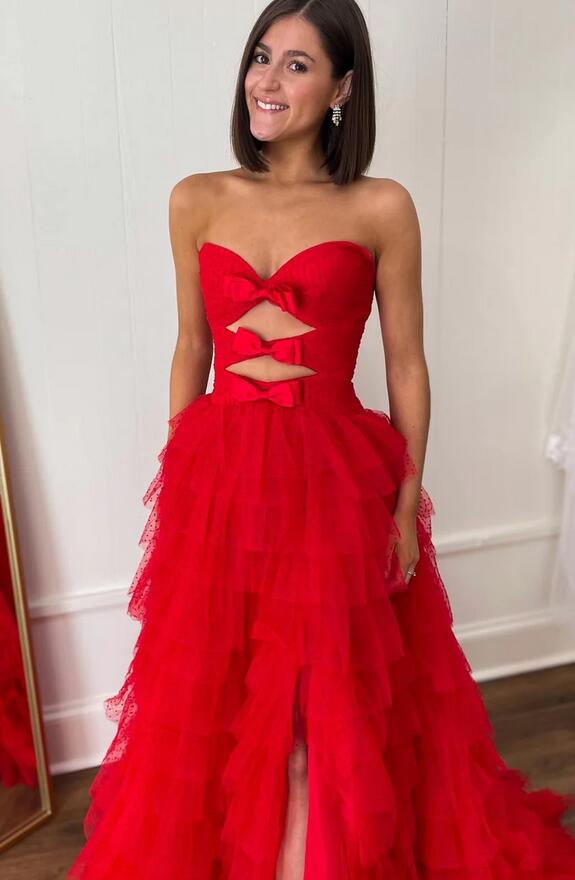 Strapless Polka Dot Strapless Ruffle Tiered Prom Gown with Keyholes