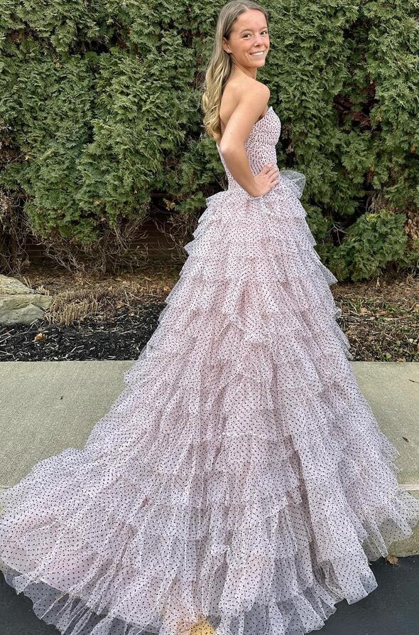 Strapless Polka Dot Strapless Ruffle Tiered Prom Gown with Keyholes