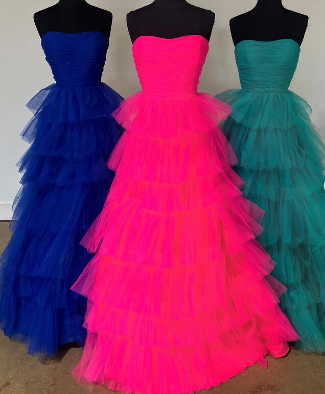 Strapless Ball Gown Tulle Prom Dresses Long with Ruffle Skirt