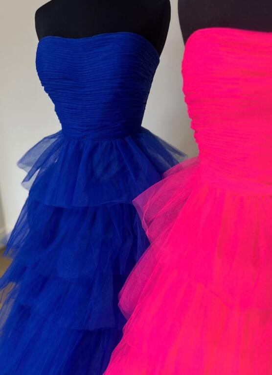 Strapless Ball Gown Tulle Prom Dresses Long with Ruffle Skirt
