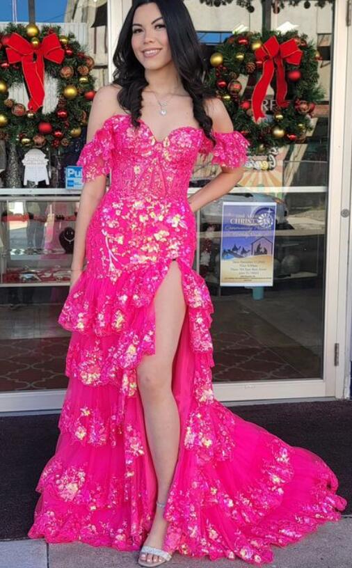 Tulle/Lace Sequins Long Prom Dress with Sheer Corset Bodice and Ruffle Skirt