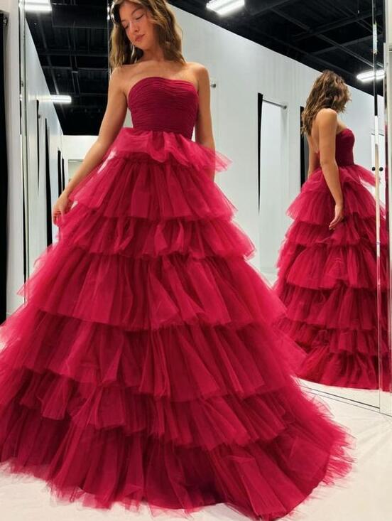 Strapless Ball Gown Tulle Prom Dresses Long with Ruffle Skirt