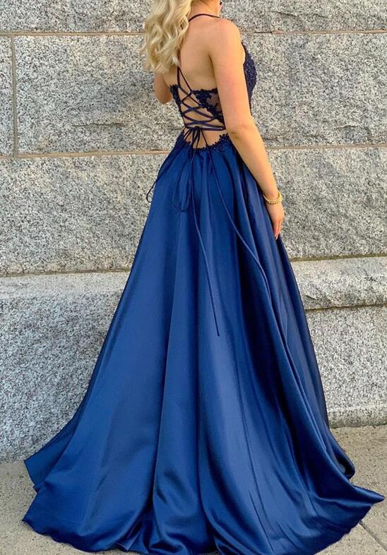 Straps V-neck A-line Satin Long Prom Dress with Lace and Beading top