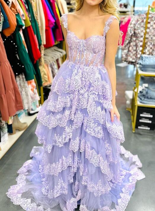 Tulle/Lace Sequins Long Prom Dress with Sheer Corset Bodice and Ruffle Skirt