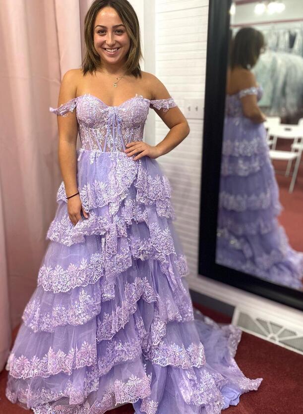 Tulle/Lace Sequins Long Prom Dress with Sheer Corset Bodice and Ruffle Skirt