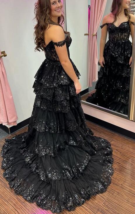 Tulle/Lace Sequins Long Prom Dress with Sheer Corset Bodice and Ruffle Skirt