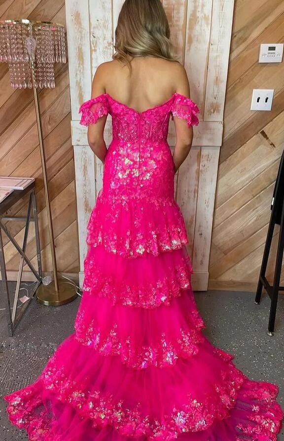 Tulle/Lace Sequins Long Prom Dress with Sheer Corset Bodice and Ruffle Skirt