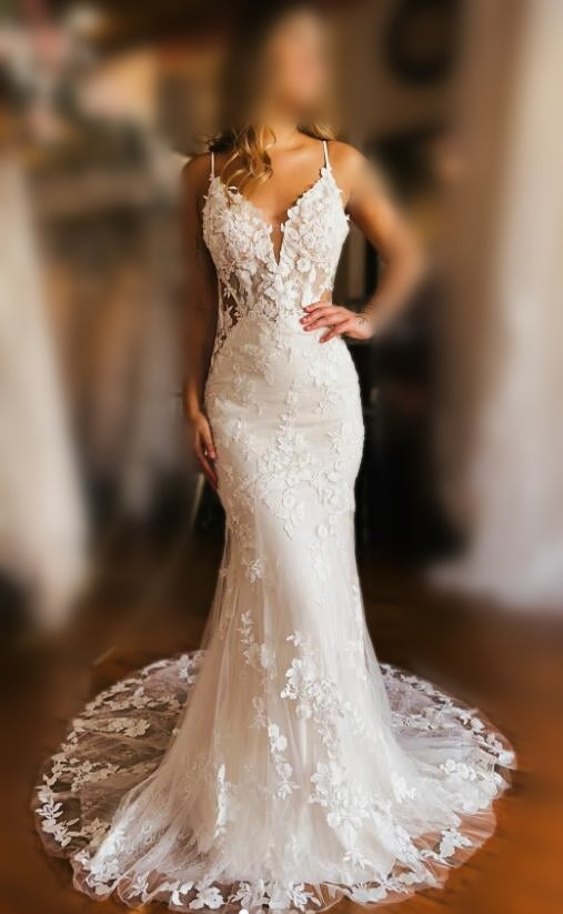 Straps Mermaid Tulle/Lace Wedding Dress with Open Back