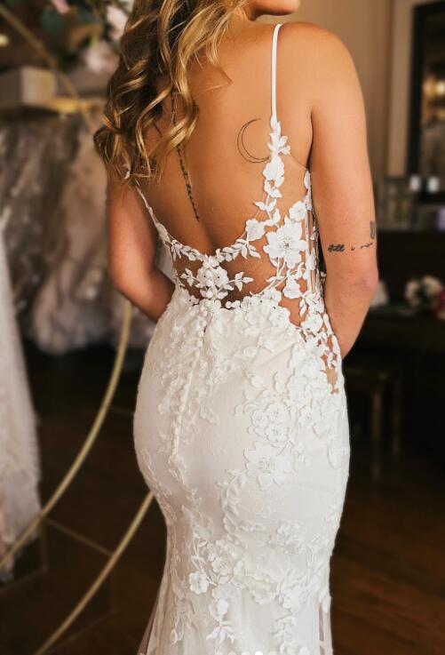 Straps Mermaid Tulle/Lace Wedding Dress with Open Back