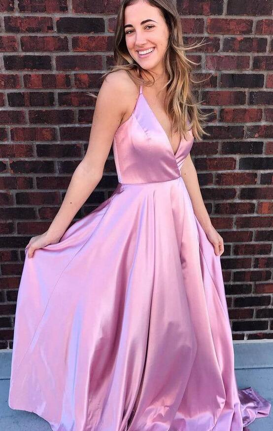V-neck A-line Satin Long Prom Dress with Slit