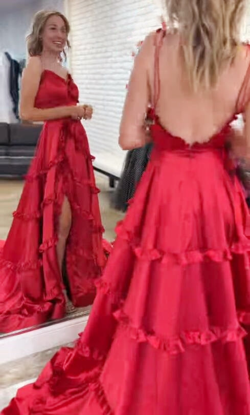 Straps Red Long Prom Dress with Slit