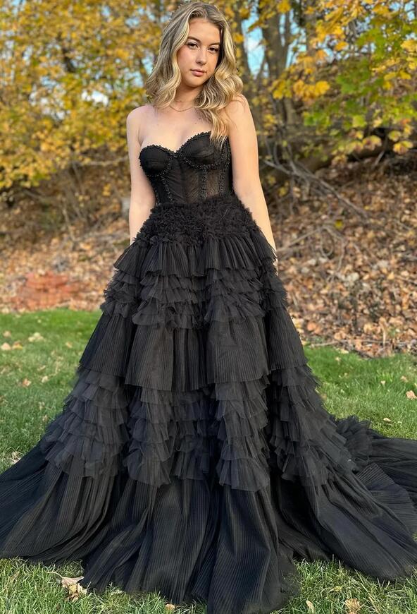 Princess Periwinkle Strapless Tiered Long Prom Dresses