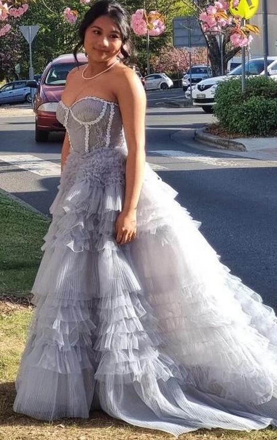 Princess Periwinkle Strapless Tiered Long Prom Dresses