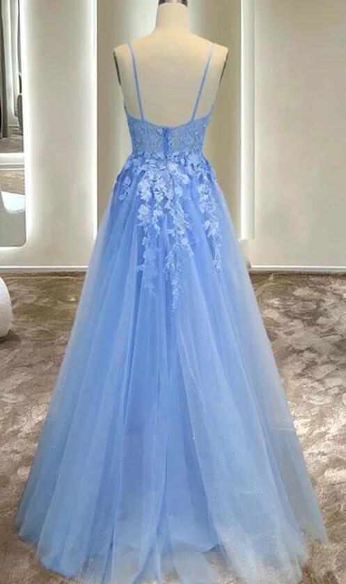 Strapls Tulle Long Prom Dresses with Appliques