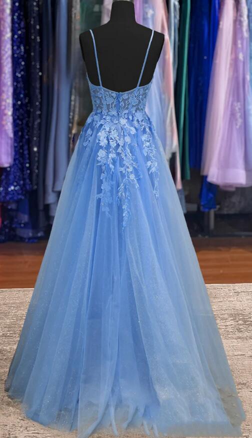 Strapls Tulle Long Prom Dresses with Appliques