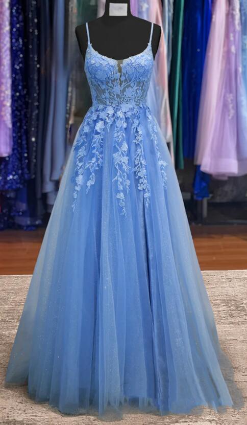 Strapls Tulle Long Prom Dresses with Appliques