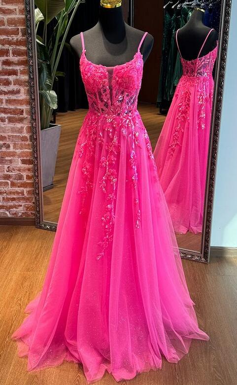 Straps A-line Tulle/lace Long Prom Dresses