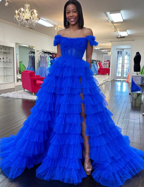 Off the Shoulder Tulle Long Prom Dresses with Ruffle Skirt