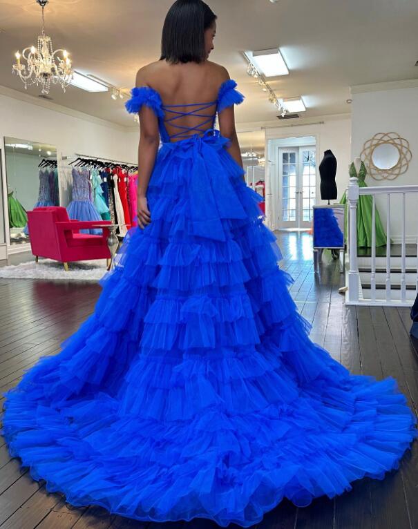 Off the Shoulder Tulle Long Prom Dresses with Ruffle Skirt