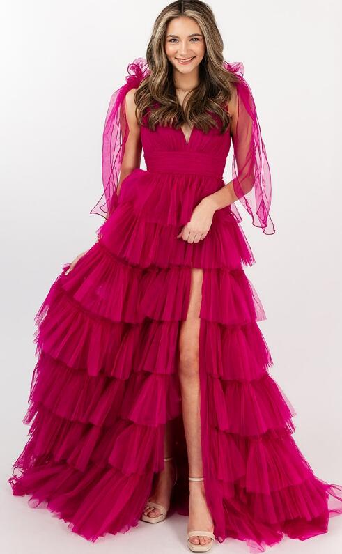V-neck Tulle Long Prom Dresses with Ruffle Skirt