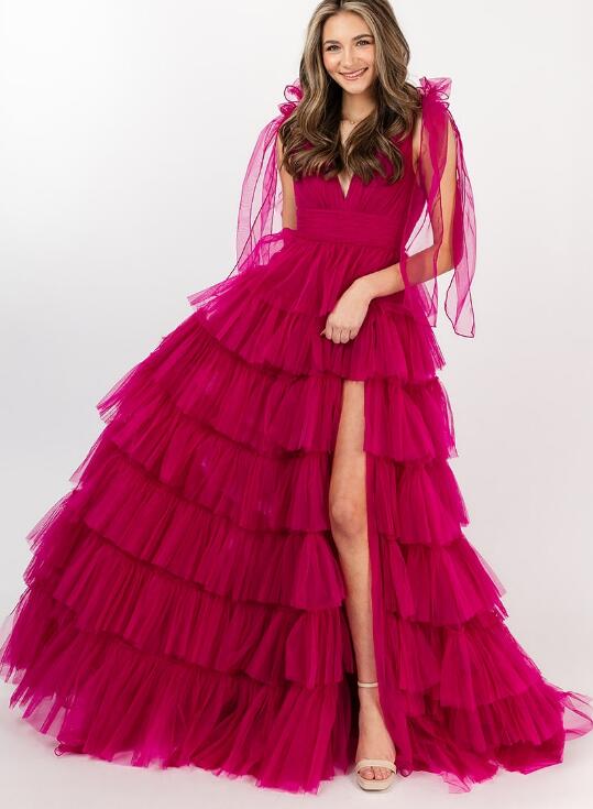V-neck Tulle Long Prom Dresses with Ruffle Skirt