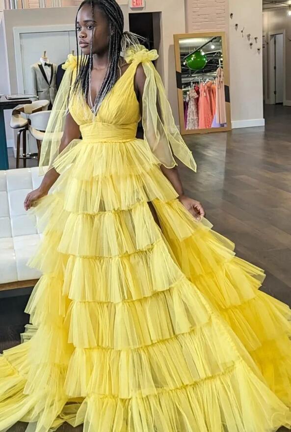 V-neck Tulle Long Prom Dresses with Ruffle Skirt