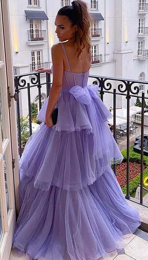 Straps Tulle Long Prom Dresses with Ruffle Skirt