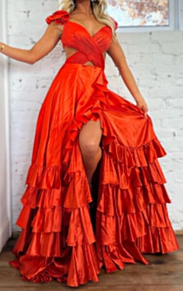 Satin Long Prom Dresses with Criss Cross Bodice and Ruffled Straps