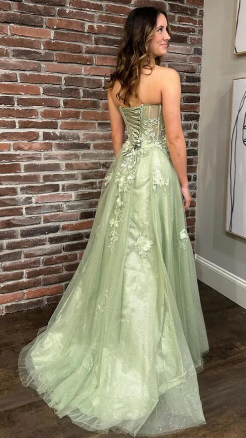 Strapless Floral A-line Long Prom Dress with Slit