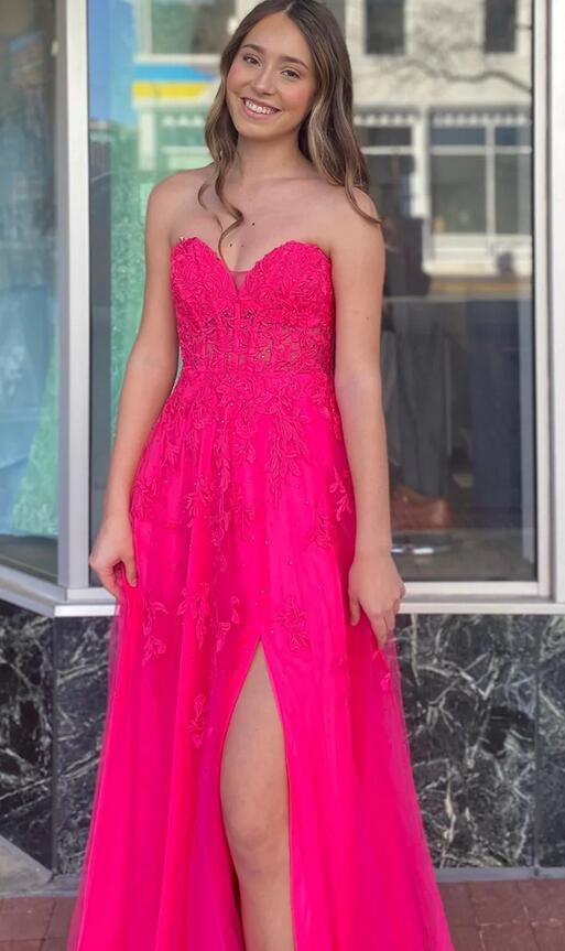 Strapless Floral Appliques A-line Long Prom Dress with Slit